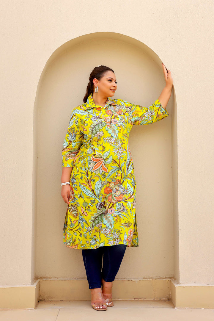 Vibrant Yellow Floral Print Plus Size Kurti – Bright & Breezy Everyday Wear