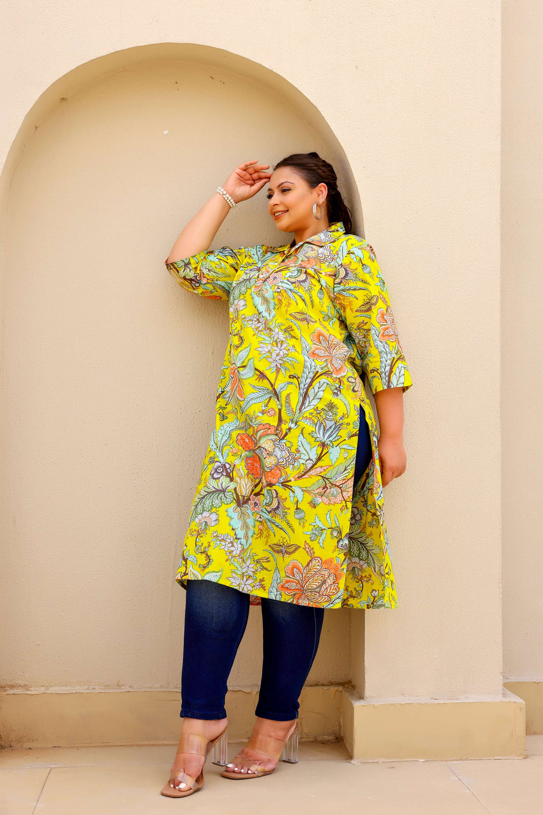 Vibrant Yellow Floral Print Plus Size Kurti – Bright & Breezy Everyday Wear