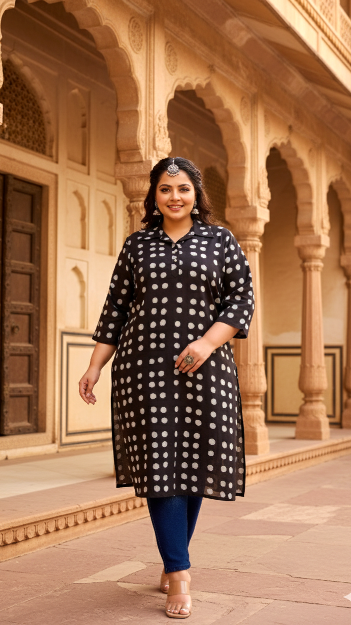 Chic Black Polka Dot Plus Size Kurti – Classic & Comfortable Everyday Wear