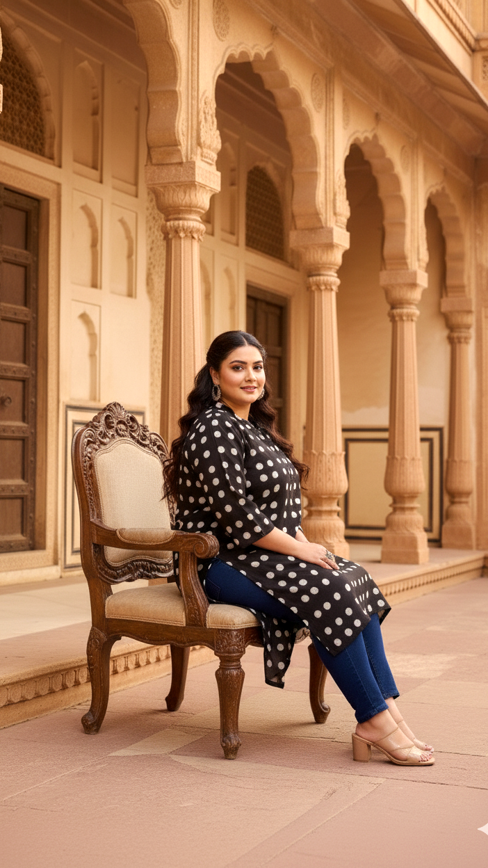 Chic Black Polka Dot Plus Size Kurti – Classic & Comfortable Everyday Wear