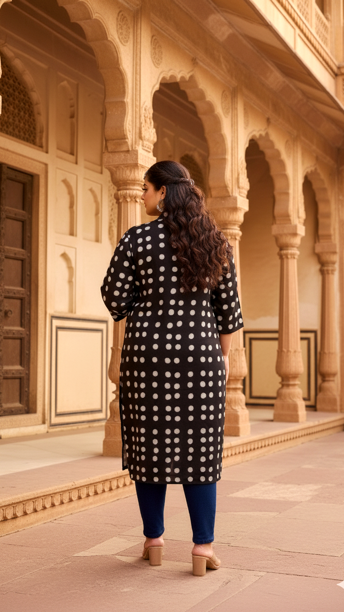 Chic Black Polka Dot Plus Size Kurti – Classic & Comfortable Everyday Wear