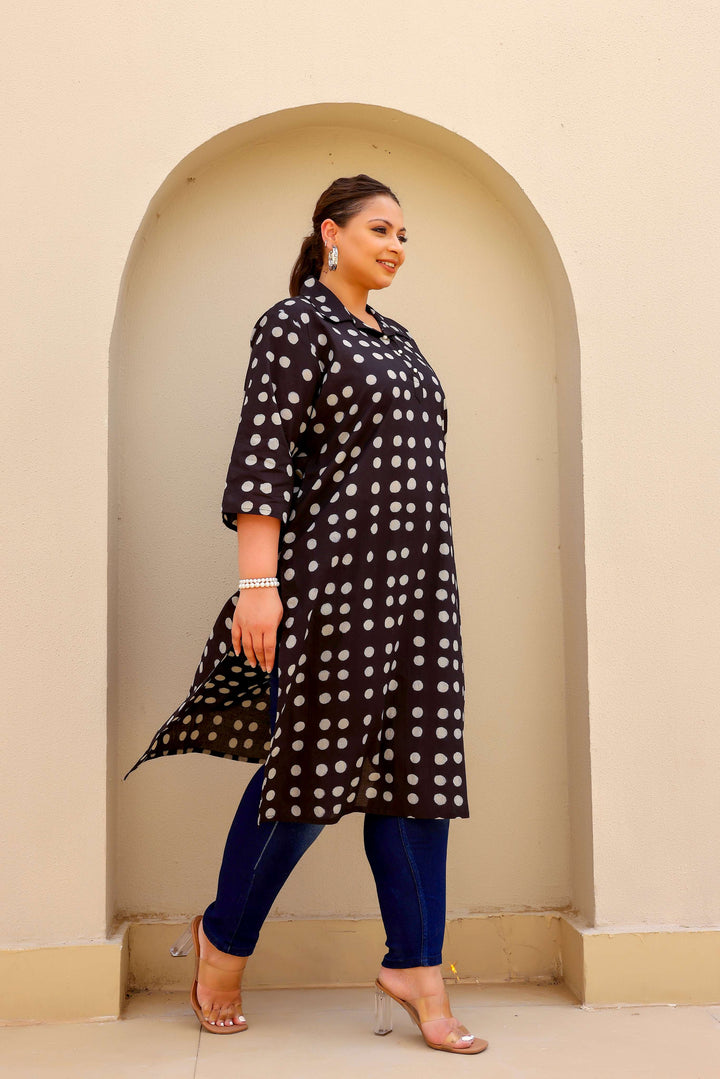Chic Black Polka Dot Plus Size Kurti – Classic & Comfortable Everyday Wear