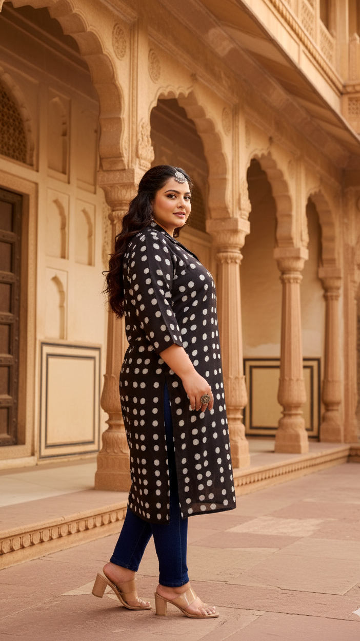 Chic Black Polka Dot Plus Size Kurti – Classic & Comfortable Everyday Wear