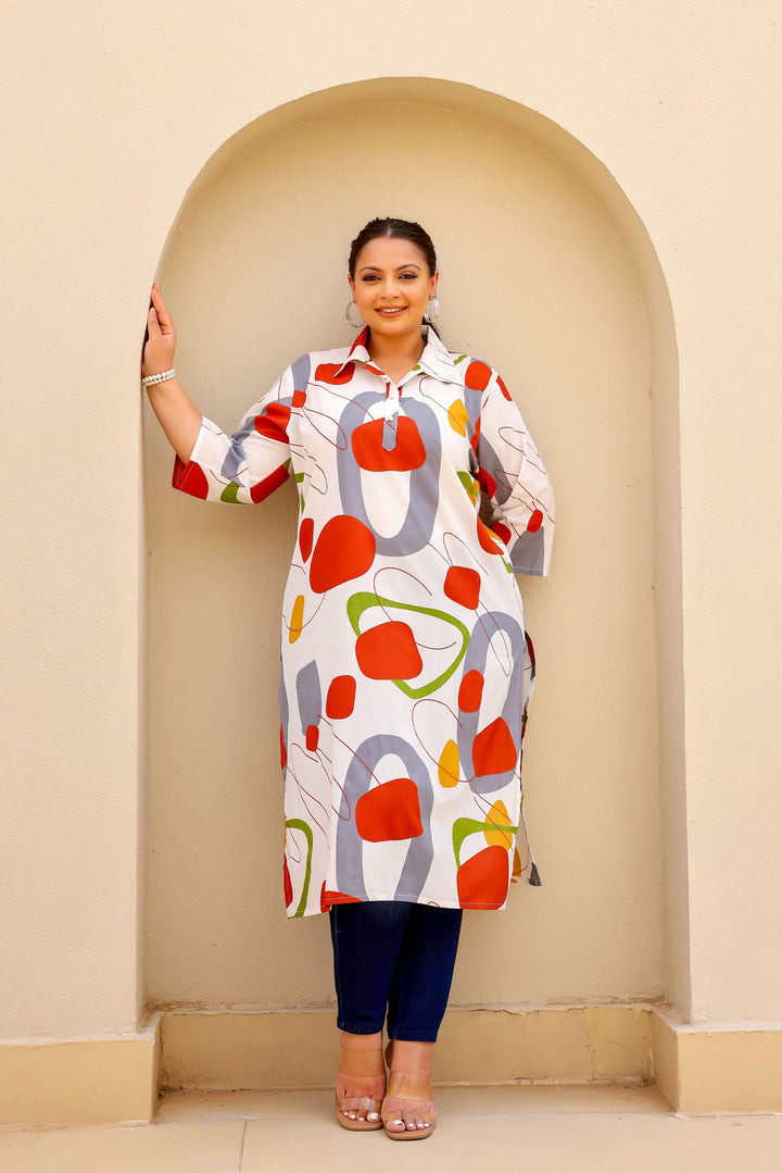White Multicolor Abstract Plus Size Kurti – Bold, Artistic, and Breezy