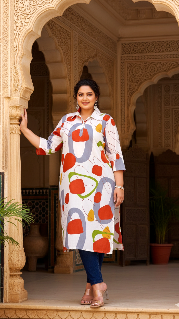 White Multicolor Abstract Plus Size Kurti – Bold, Artistic, and Breezy