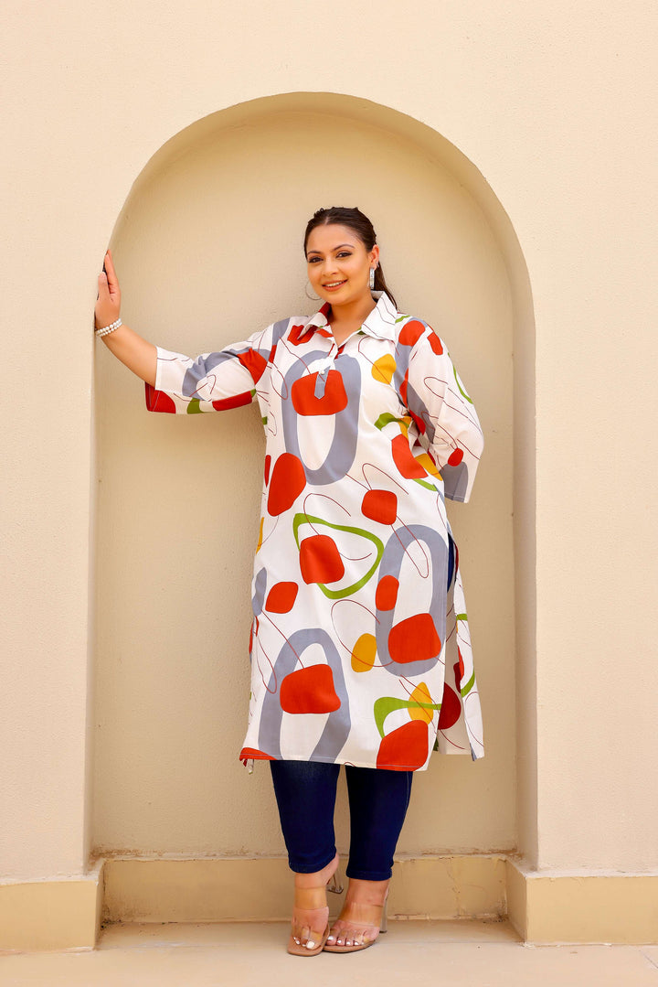 White Multicolor Abstract Plus Size Kurti – Bold, Artistic, and Breezy