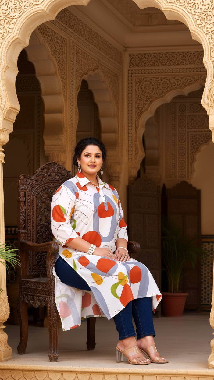 White Multicolor Abstract Plus Size Kurti – Bold, Artistic, and Breezy