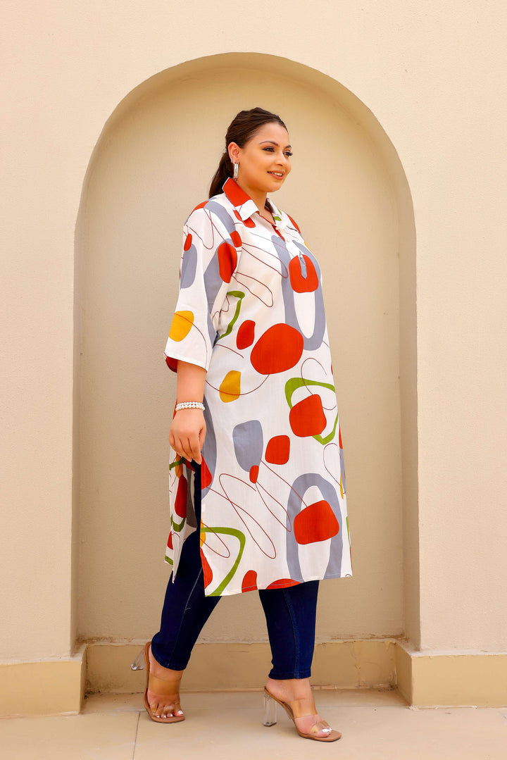 White Multicolor Abstract Plus Size Kurti – Bold, Artistic, and Breezy