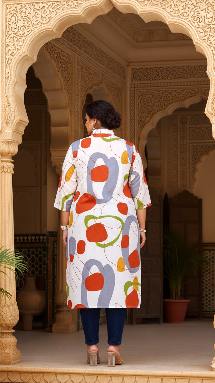 White Multicolor Abstract Plus Size Kurti – Bold, Artistic, and Breezy