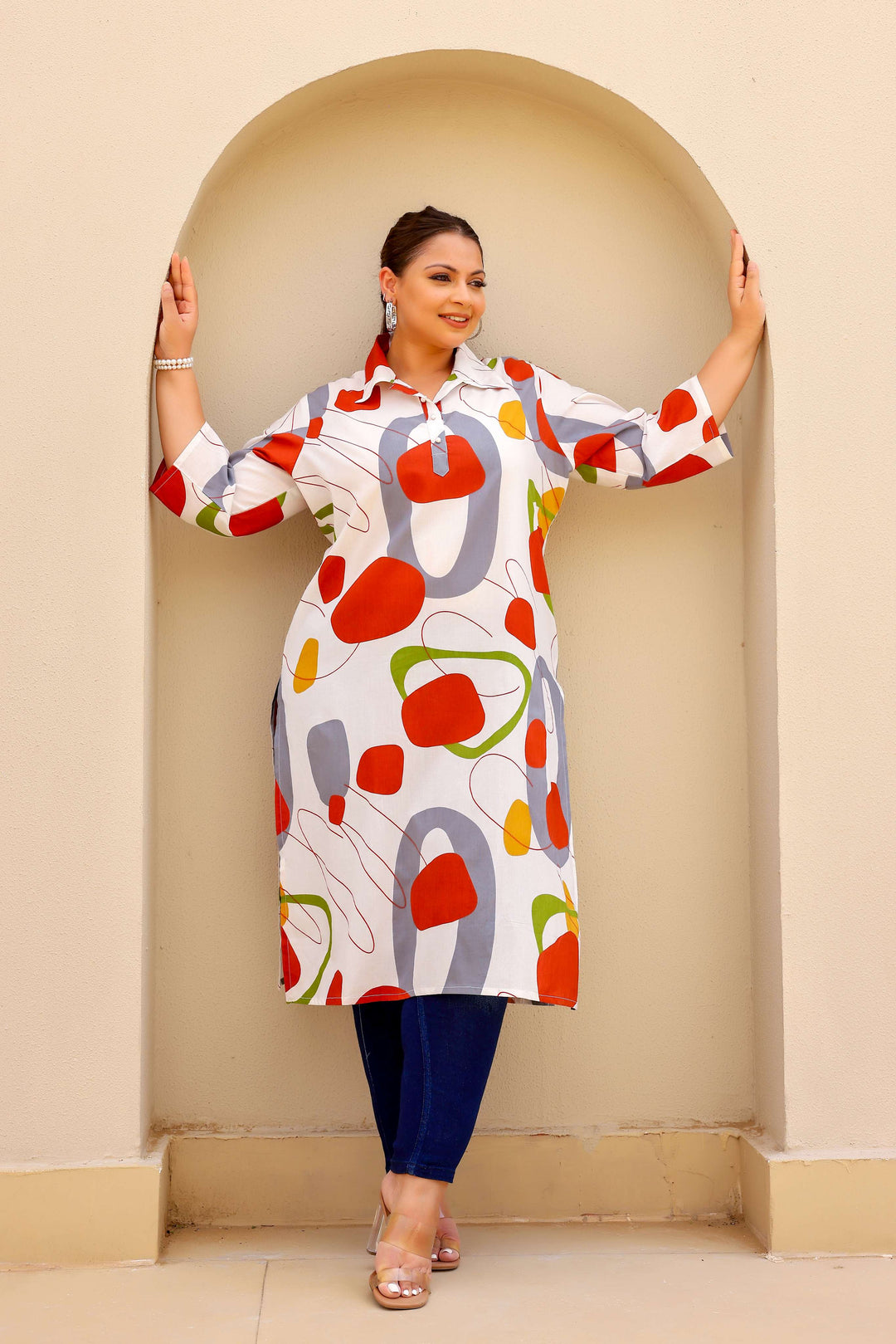White Multicolor Abstract Plus Size Kurti – Bold, Artistic, and Breezy