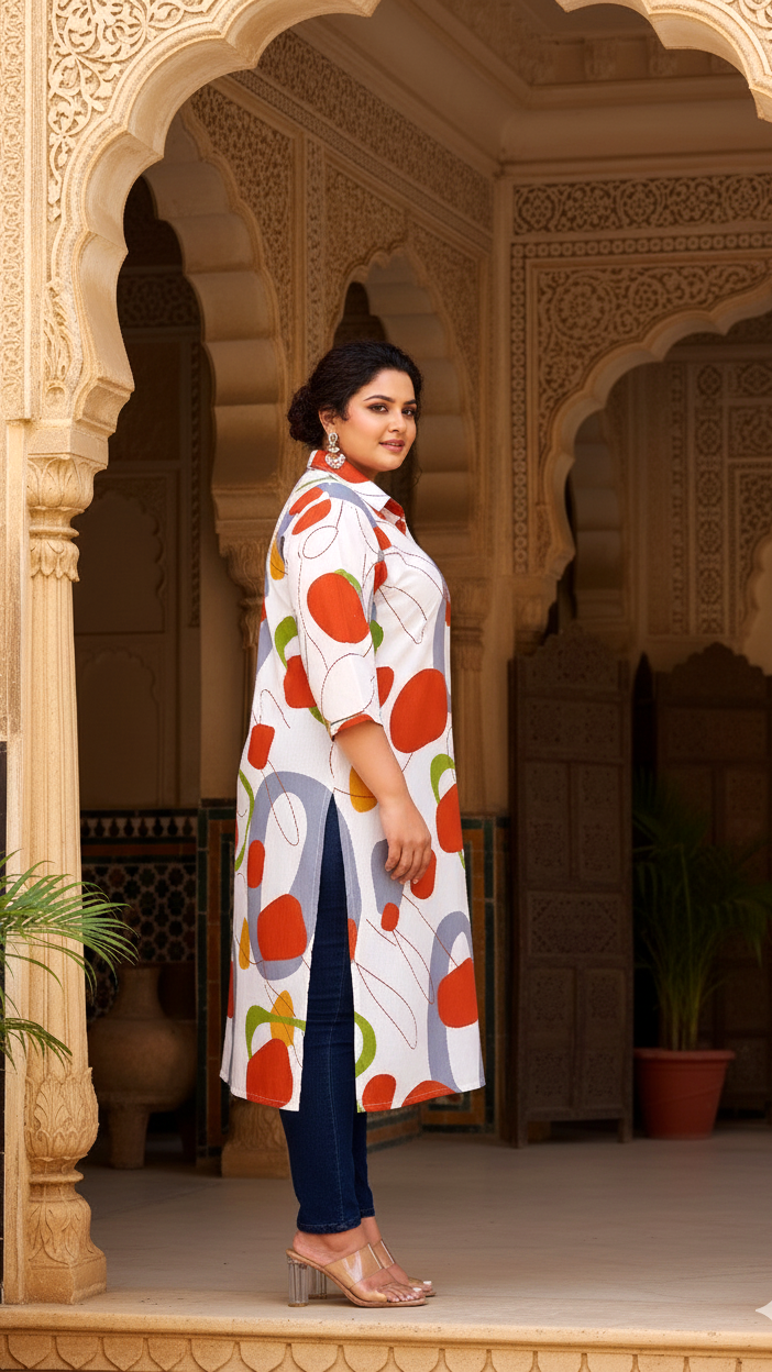 White Multicolor Abstract Plus Size Kurti – Bold, Artistic, and Breezy