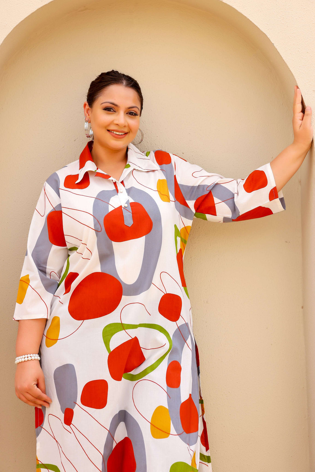 White Multicolor Abstract Plus Size Kurti – Bold, Artistic, and Breezy