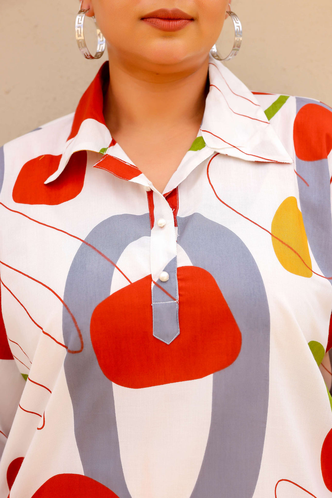 White Multicolor Abstract Plus Size Kurti – Bold, Artistic, and Breezy