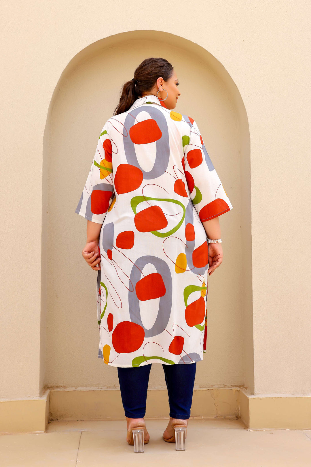 White Multicolor Abstract Plus Size Kurti – Bold, Artistic, and Breezy