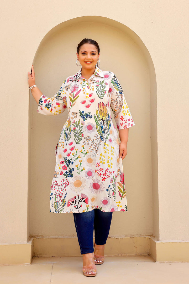 White Botanical Garden Plus Size Kurti – Elegant & Vibrant Bloom