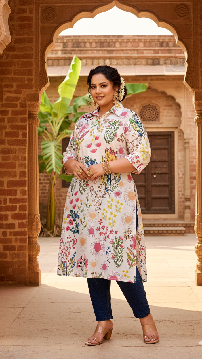 White Botanical Garden Plus Size Kurti – Elegant & Vibrant Bloom