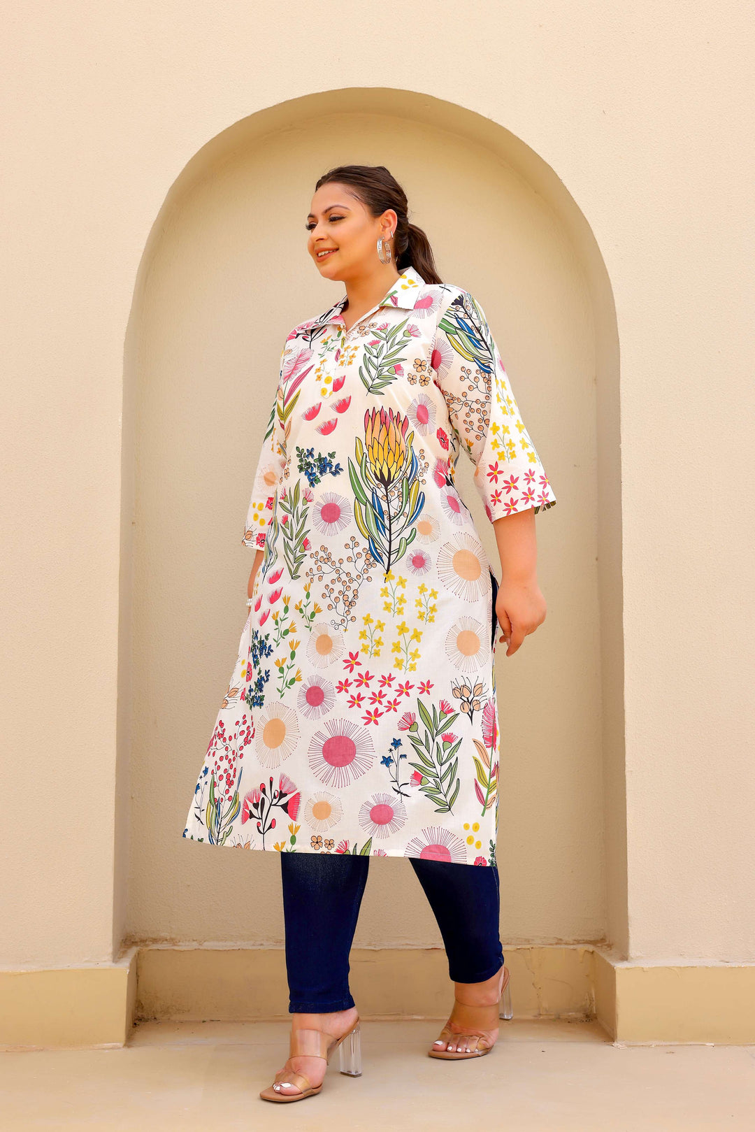White Botanical Garden Plus Size Kurti – Elegant & Vibrant Bloom