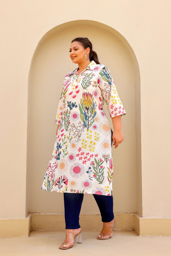 White Botanical Garden Plus Size Kurti – Elegant & Vibrant Bloom