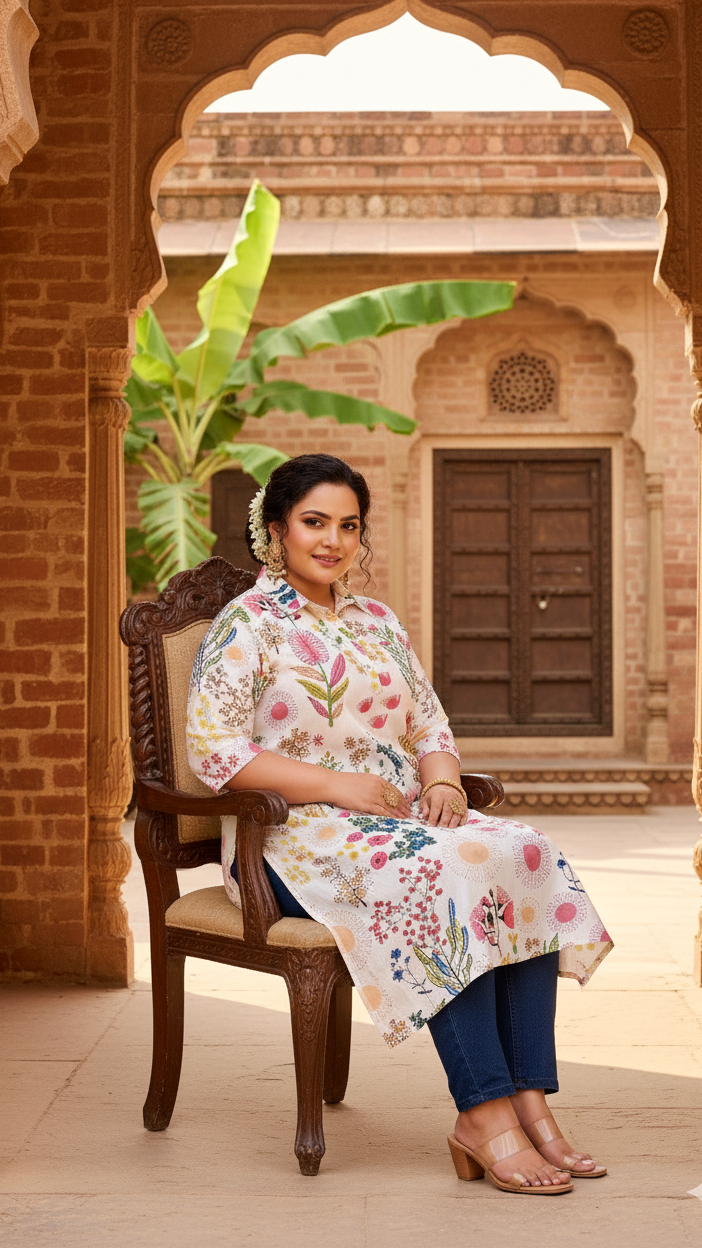 White Botanical Garden Plus Size Kurti – Elegant & Vibrant Bloom