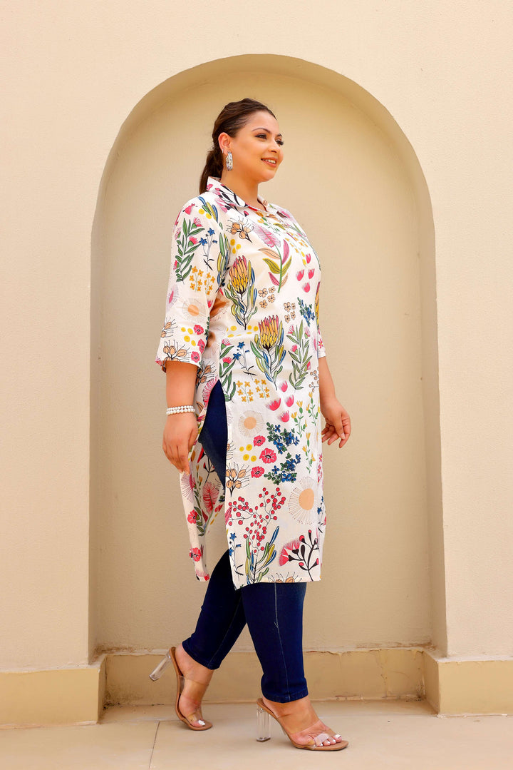 White Botanical Garden Plus Size Kurti – Elegant & Vibrant Bloom