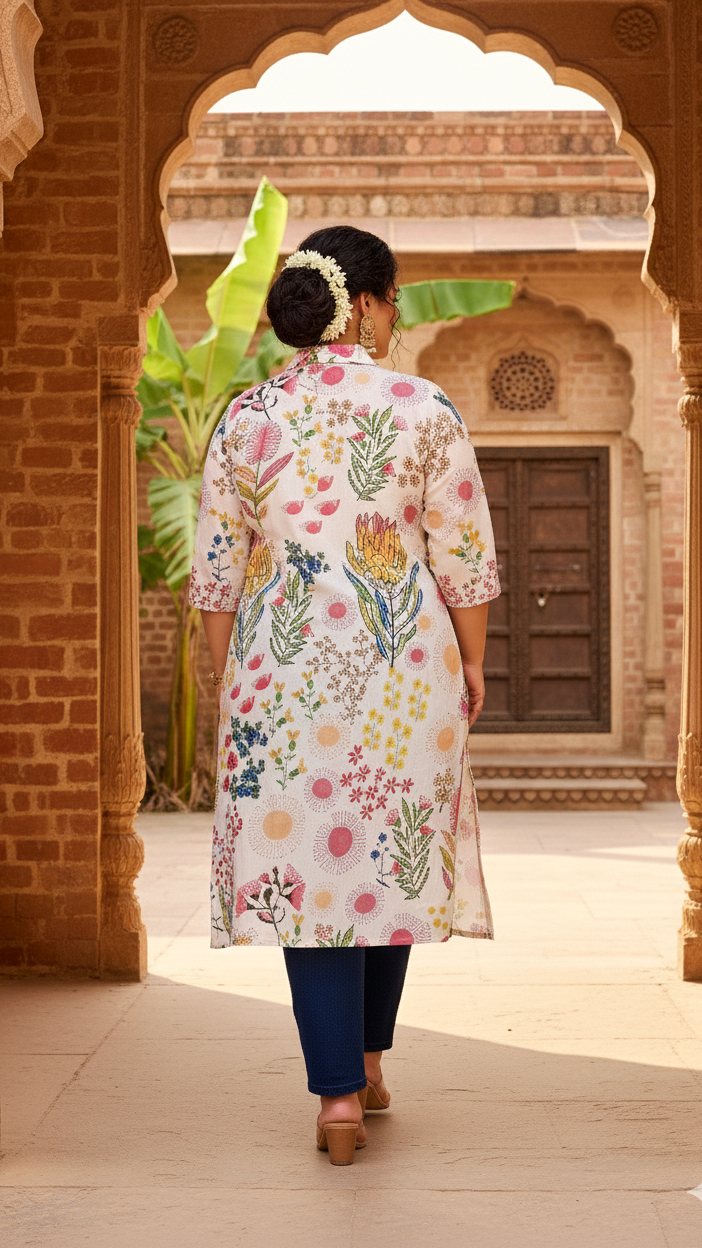 White Botanical Garden Plus Size Kurti – Elegant & Vibrant Bloom