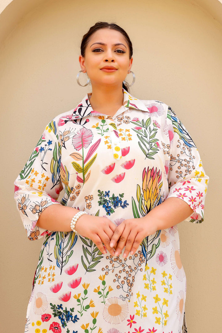 White Botanical Garden Plus Size Kurti – Elegant & Vibrant Bloom