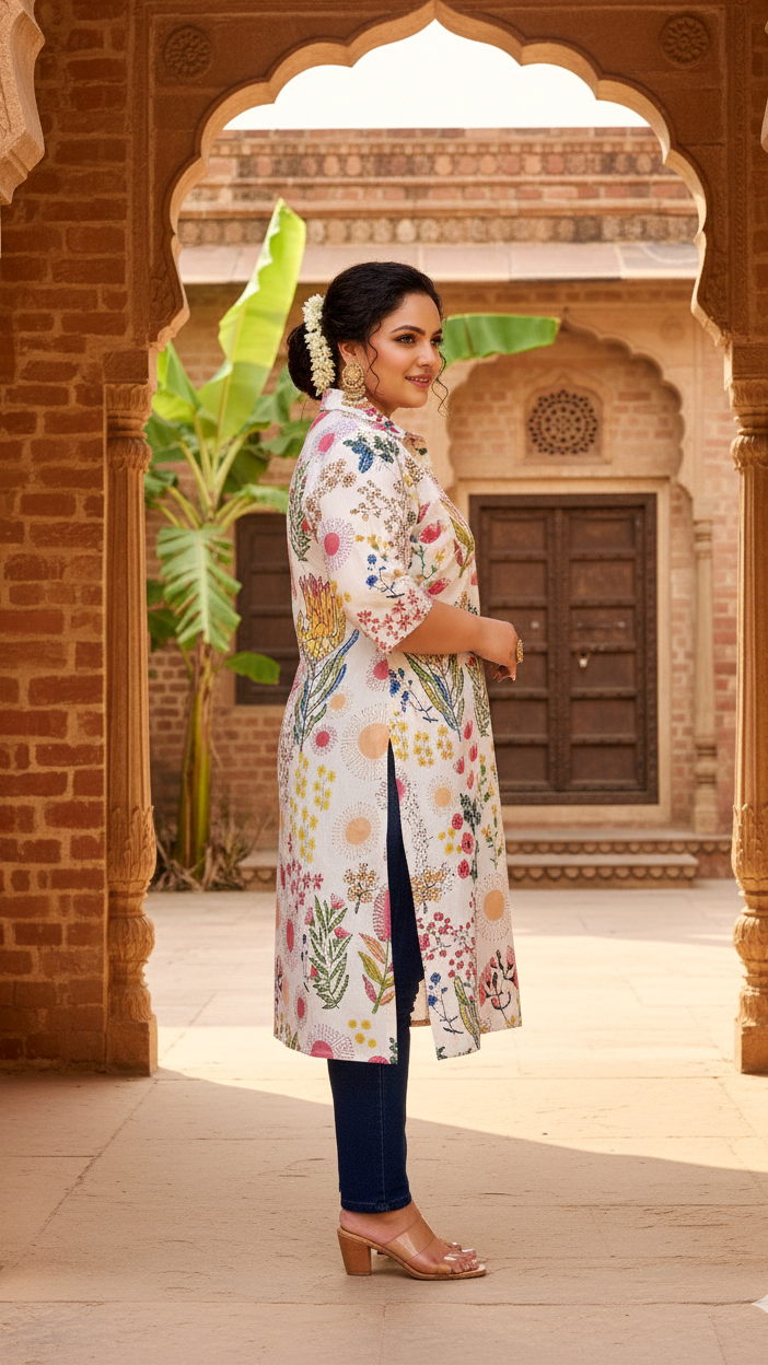 White Botanical Garden Plus Size Kurti – Elegant & Vibrant Bloom