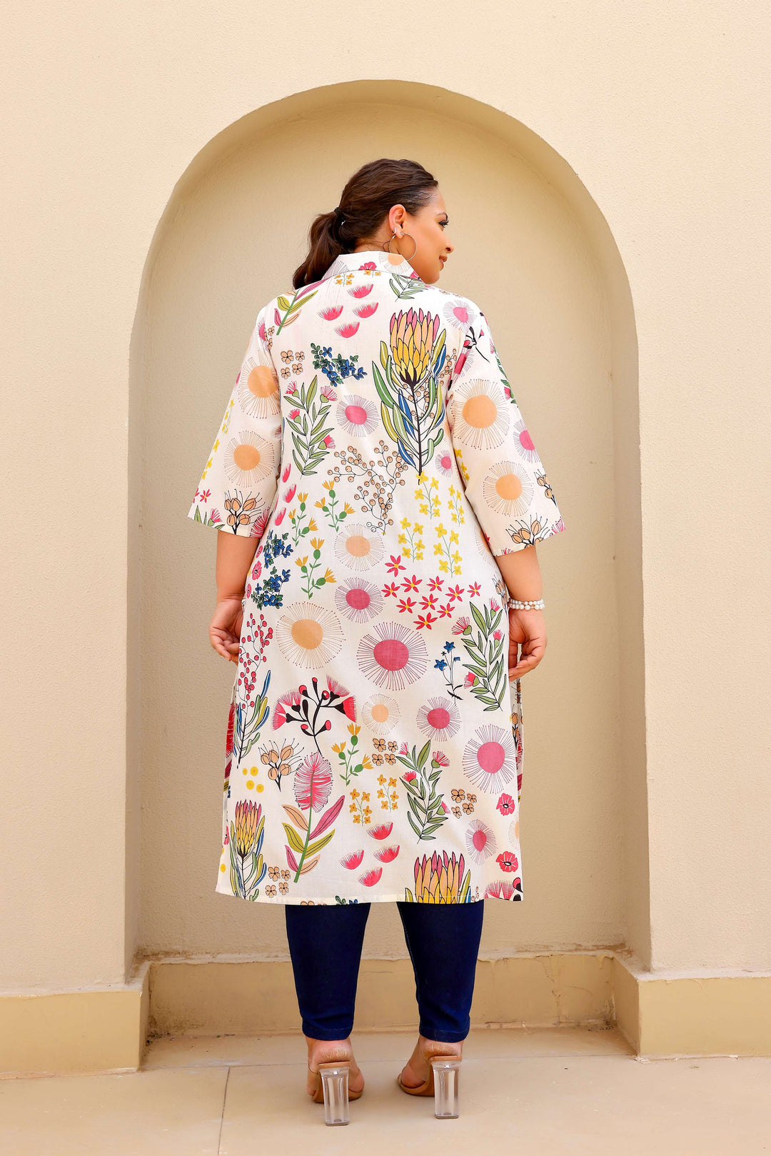 White Botanical Garden Plus Size Kurti – Elegant & Vibrant Bloom
