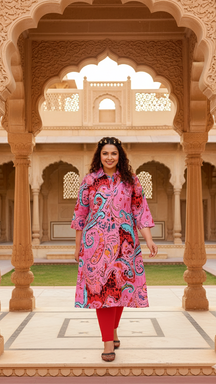 Bold Pink Paisley Plus Size Kurti – Artistic & Vibrant Elegance