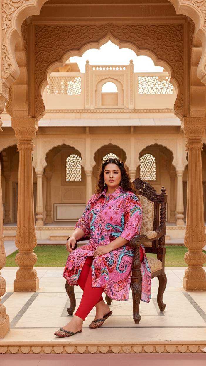 Bold Pink Paisley Plus Size Kurti – Artistic & Vibrant Elegance