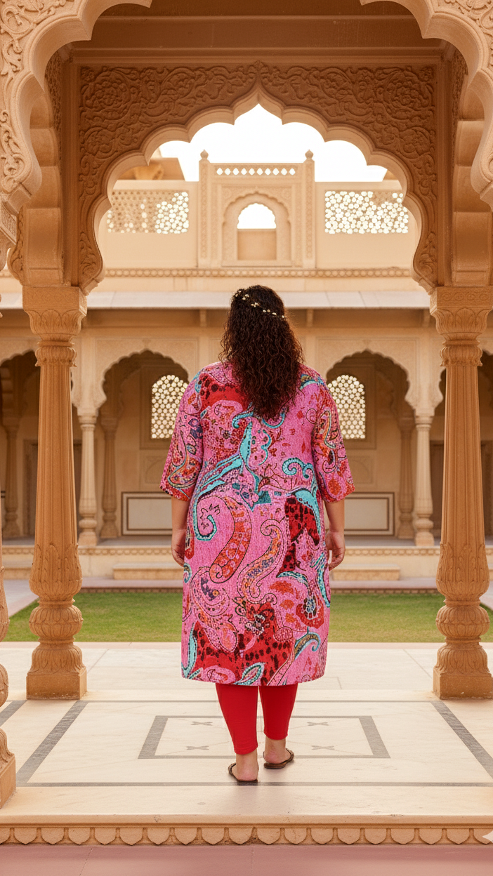 Bold Pink Paisley Plus Size Kurti – Artistic & Vibrant Elegance