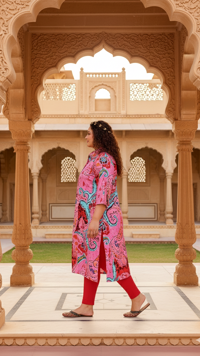 Bold Pink Paisley Plus Size Kurti – Artistic & Vibrant Elegance