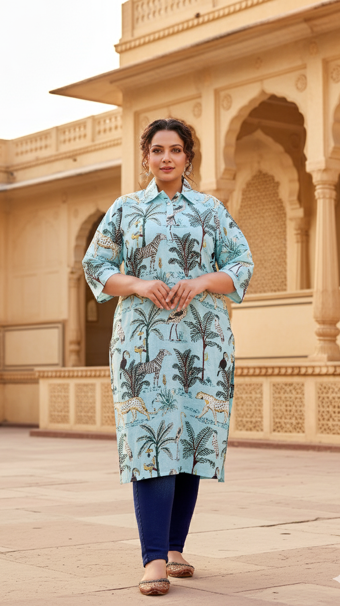 Sky Blue Safari Print Cotton Kurti for Women