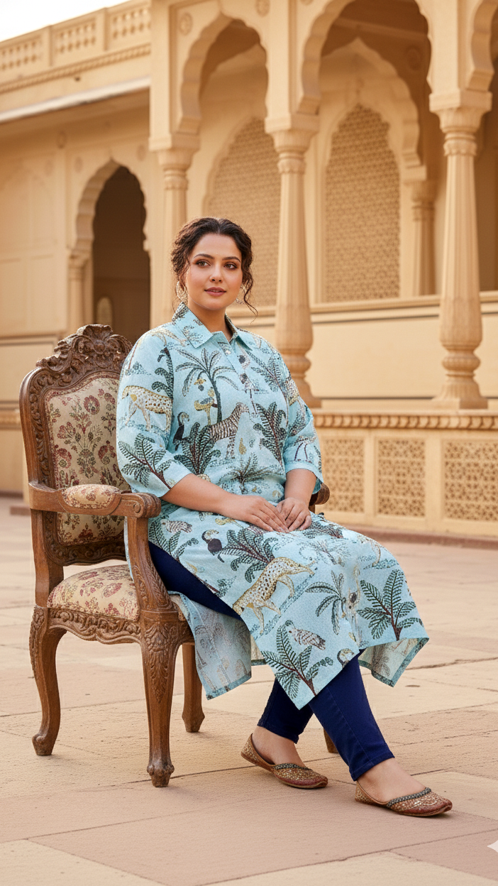 Sky Blue Safari Print Cotton Kurti for Women