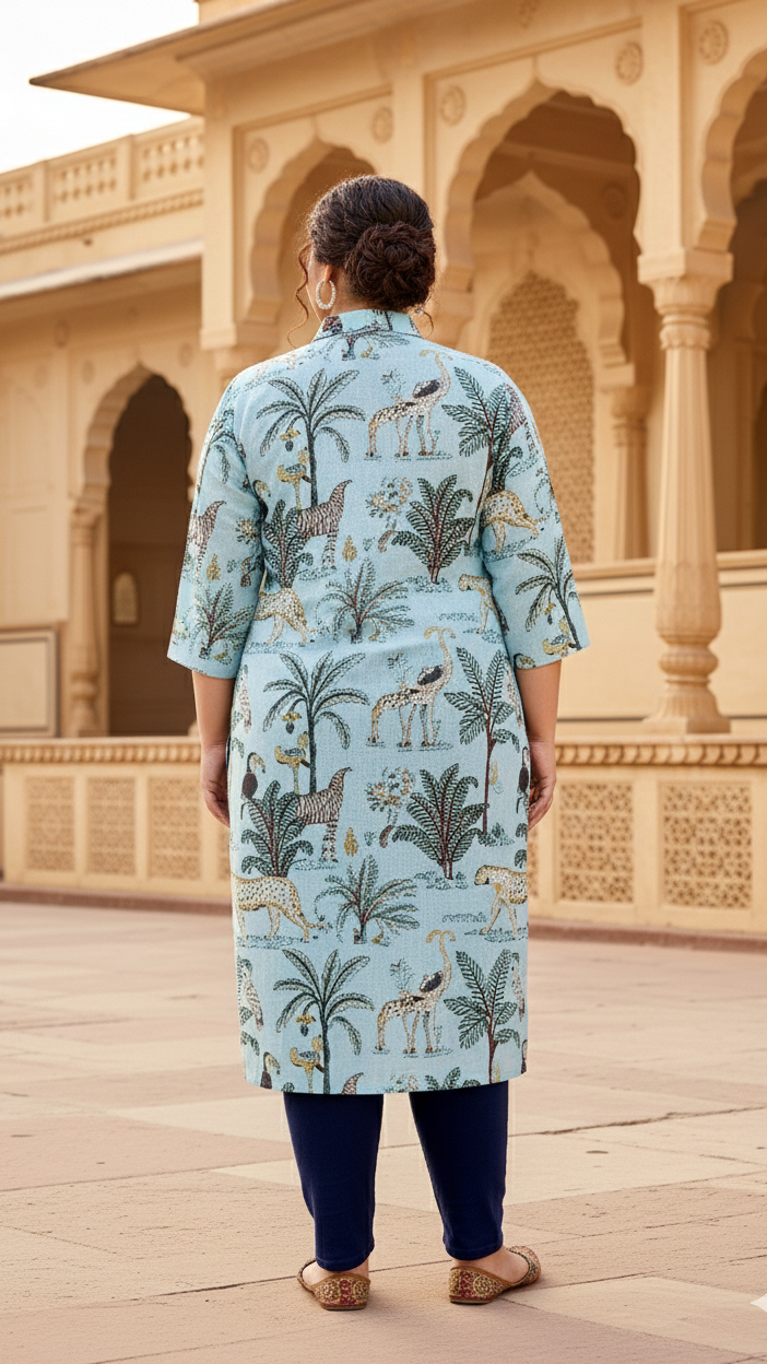 Sky Blue Safari Print Cotton Kurti for Women