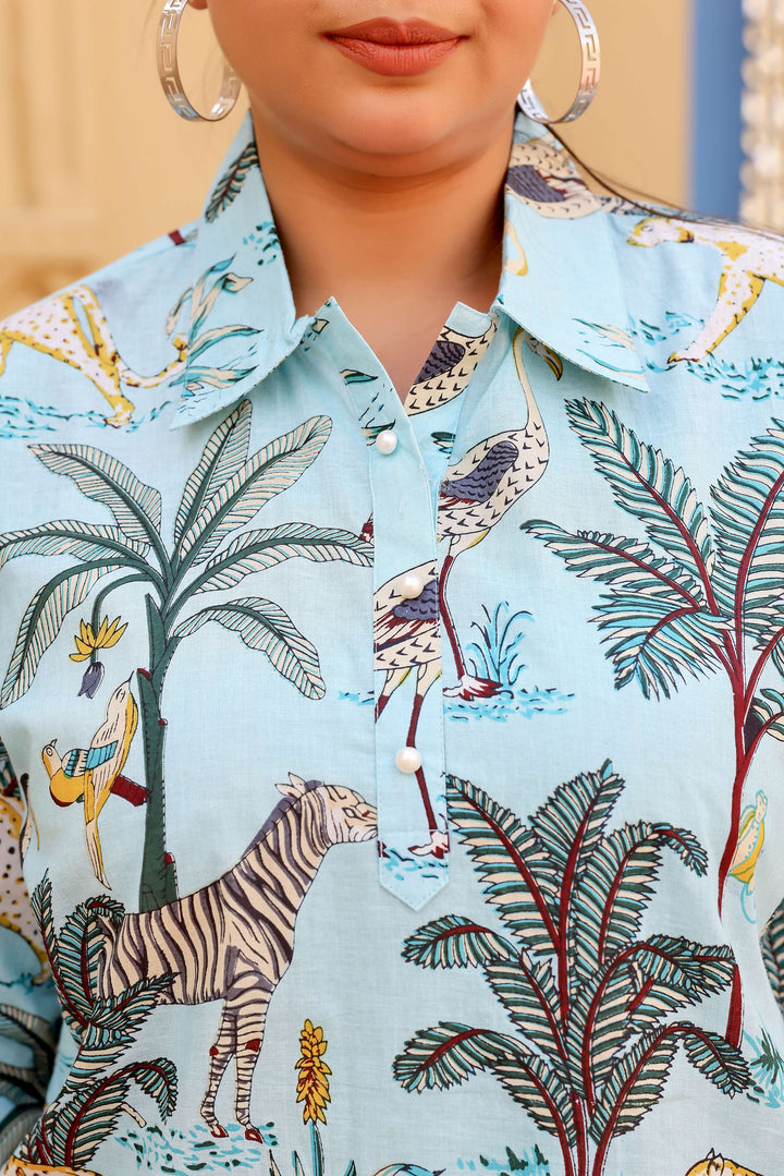 Sky Blue Safari Print Cotton Kurti for Women