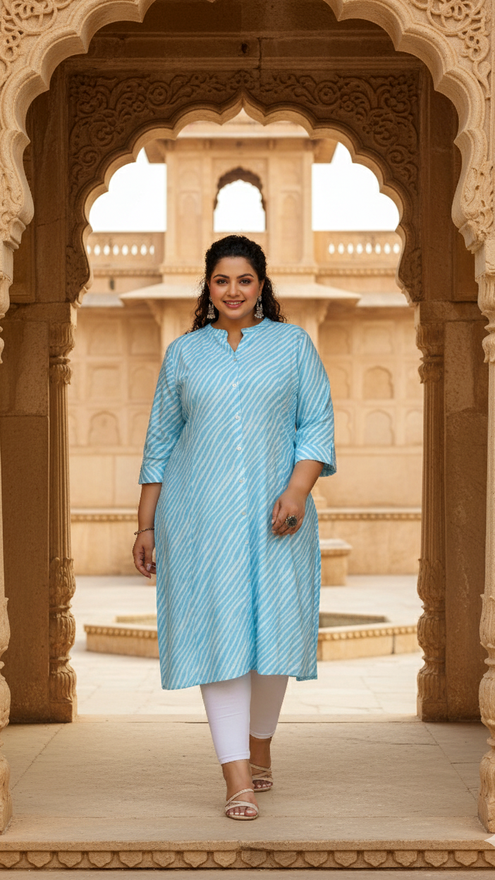 Women's Plus Size Cotton A-Line Striped Kurti – Sky Blue | Button-Down | Mandarin Collar