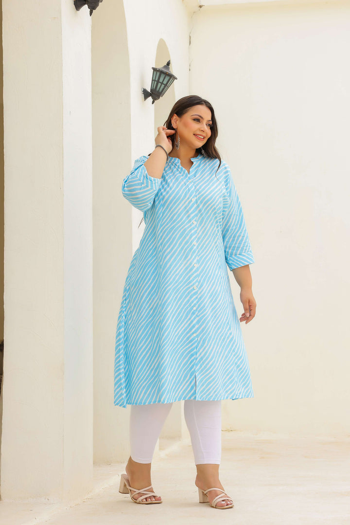 Women's Plus Size Cotton A-Line Striped Kurti – Sky Blue | Button-Down | Mandarin Collar
