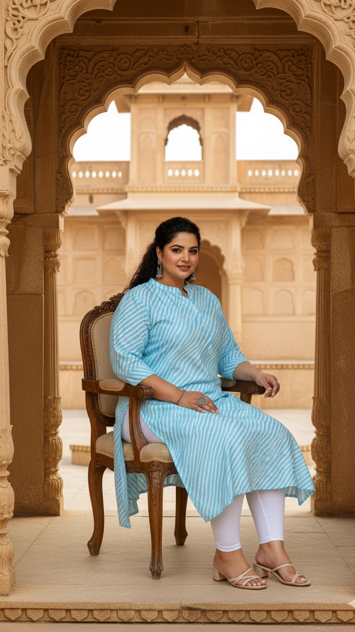 Women's Plus Size Cotton A-Line Striped Kurti – Sky Blue | Button-Down | Mandarin Collar