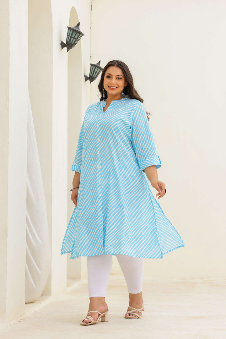 Women's Plus Size Cotton A-Line Striped Kurti – Sky Blue | Button-Down | Mandarin Collar