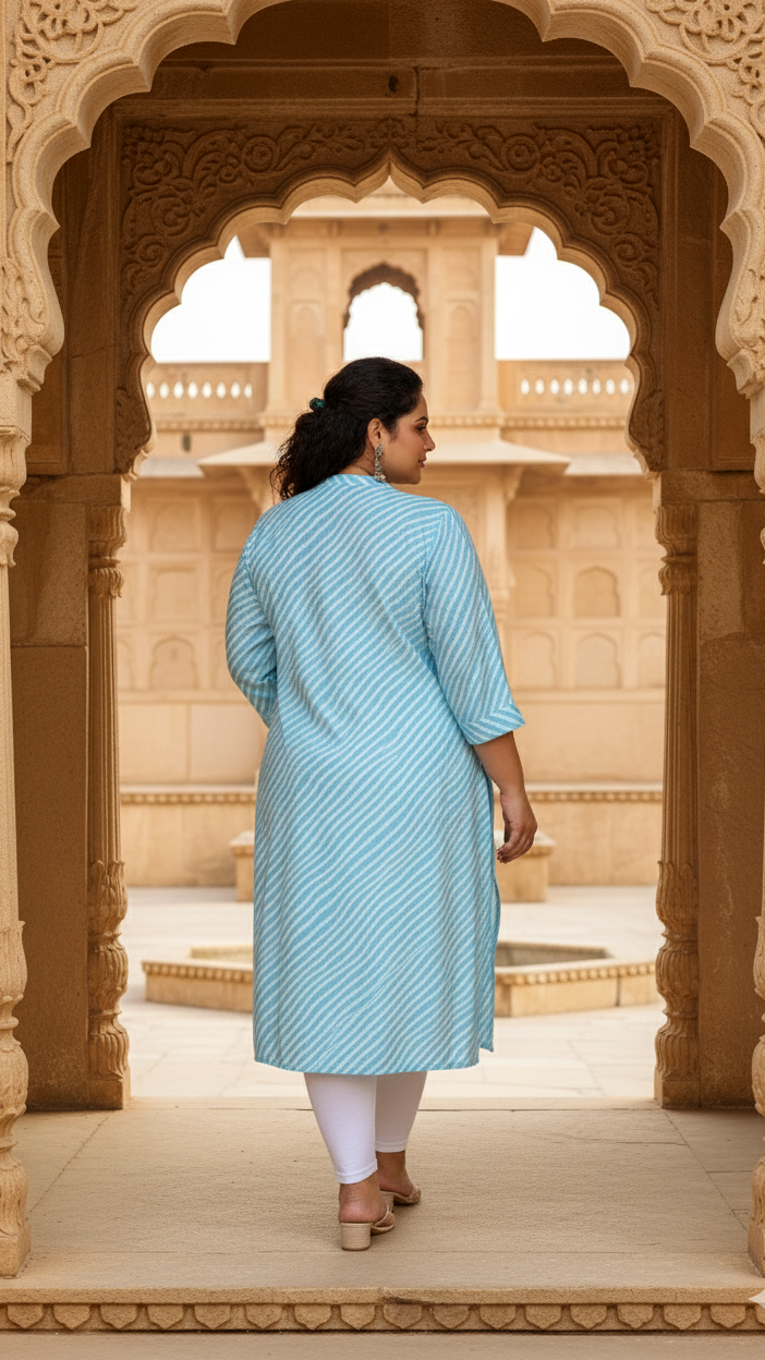 Women's Plus Size Cotton A-Line Striped Kurti – Sky Blue | Button-Down | Mandarin Collar