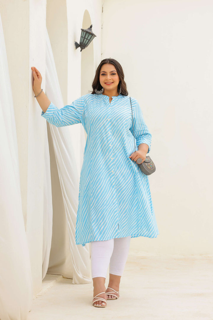 Women's Plus Size Cotton A-Line Striped Kurti – Sky Blue | Button-Down | Mandarin Collar