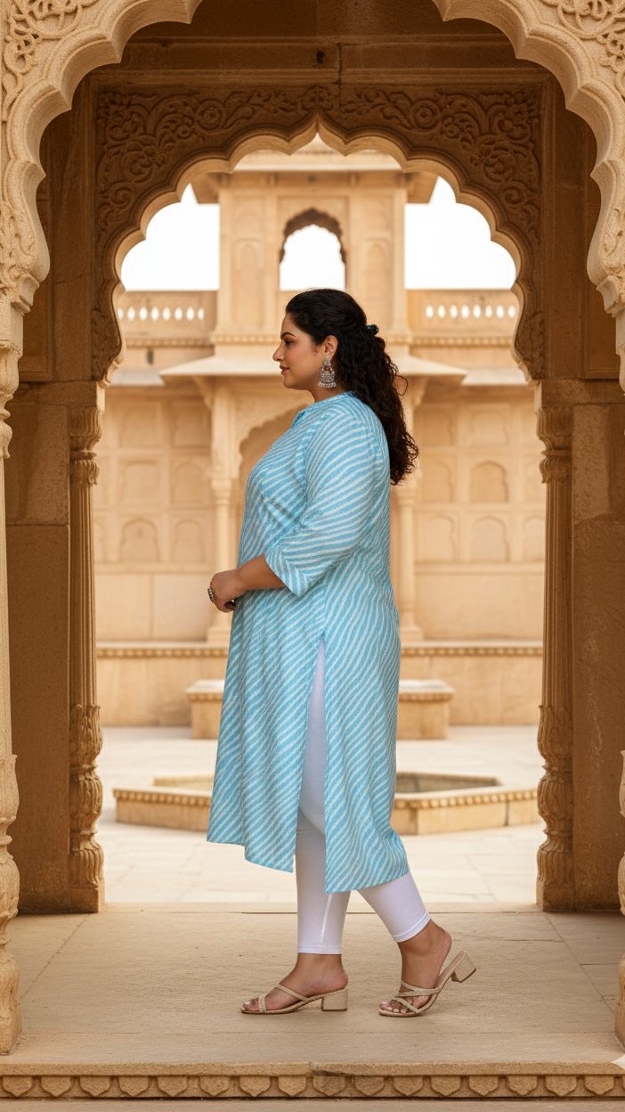 Women's Plus Size Cotton A-Line Striped Kurti – Sky Blue | Button-Down | Mandarin Collar