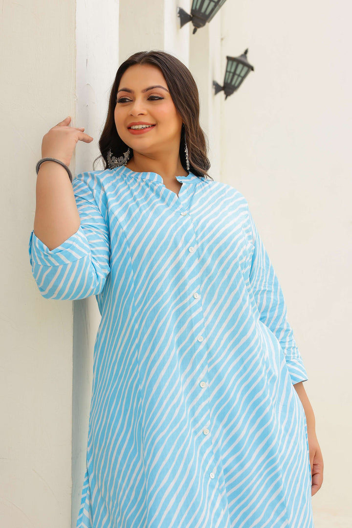 Women's Plus Size Cotton A-Line Striped Kurti – Sky Blue | Button-Down | Mandarin Collar