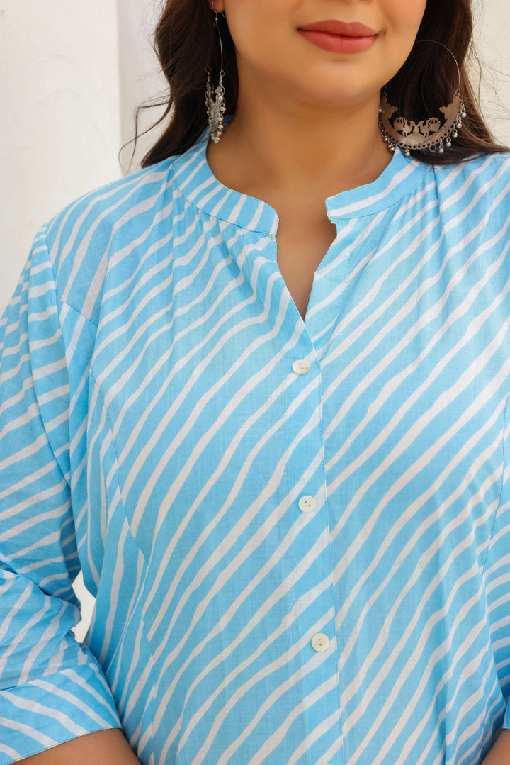 Women's Plus Size Cotton A-Line Striped Kurti – Sky Blue | Button-Down | Mandarin Collar
