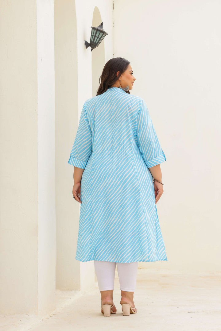 Women's Plus Size Cotton A-Line Striped Kurti – Sky Blue | Button-Down | Mandarin Collar