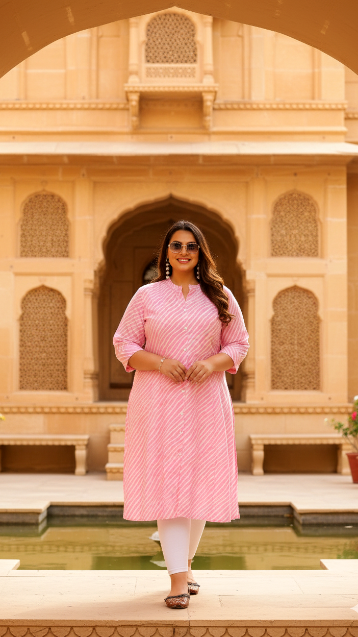 Women's Plus Size Cotton Striped A-Line Kurti – Soft Pink | Stylish & Comfortable