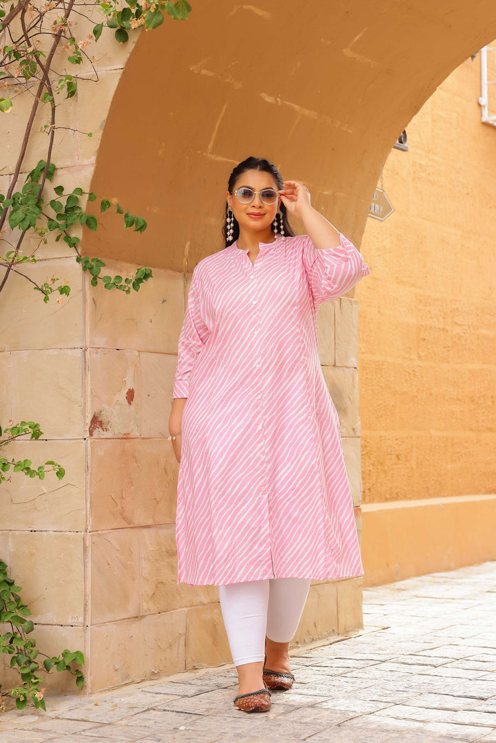 Women's Plus Size Cotton Striped A-Line Kurti – Soft Pink | Stylish & Comfortable