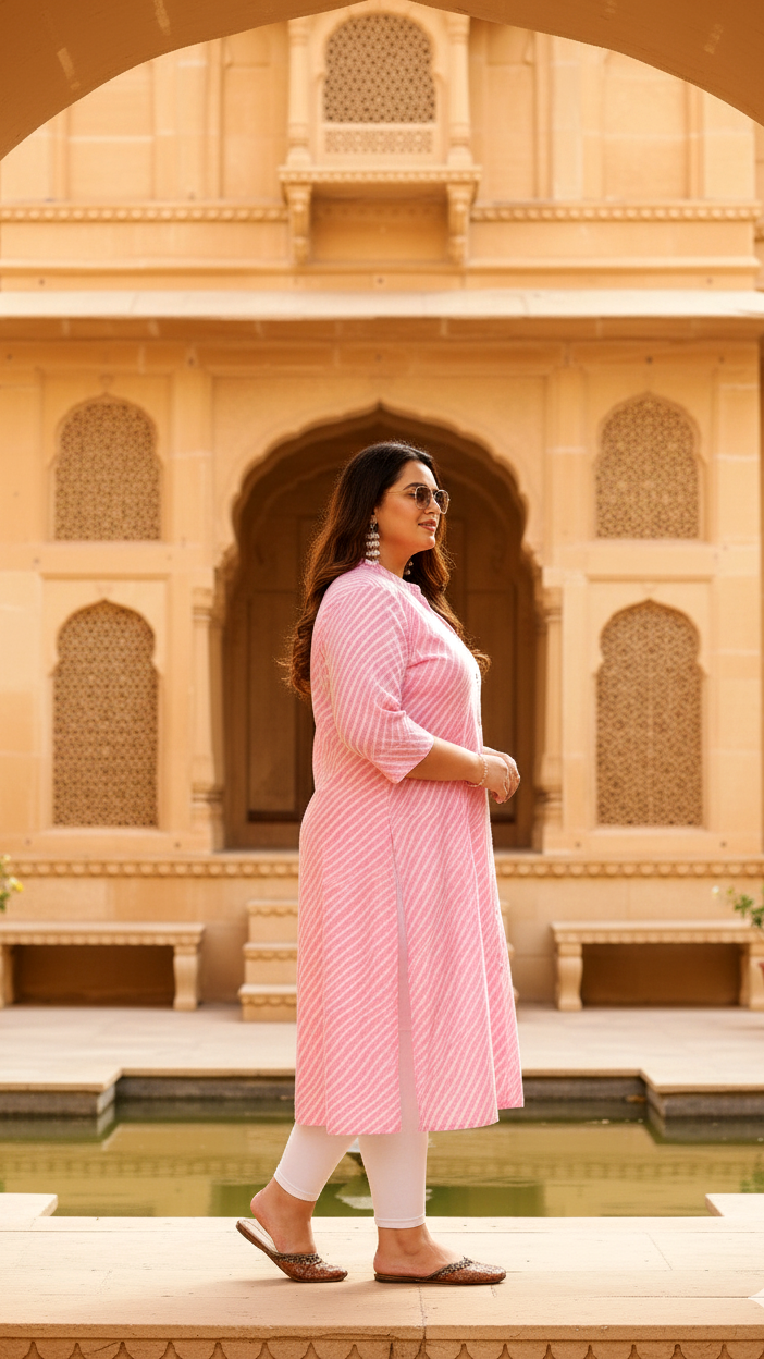 Women's Plus Size Cotton Striped A-Line Kurti – Soft Pink | Stylish & Comfortable