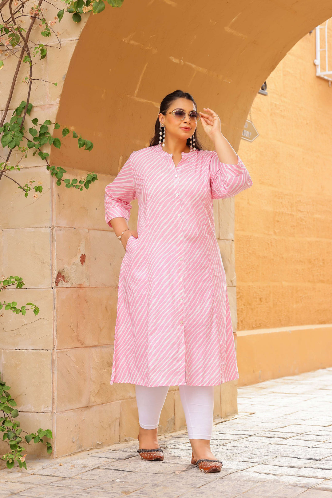 Women's Plus Size Cotton Striped A-Line Kurti – Soft Pink | Stylish & Comfortable